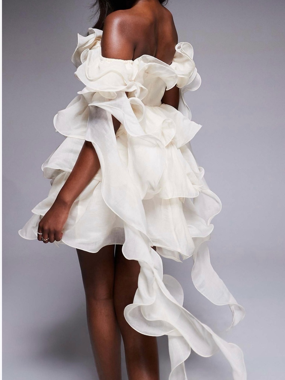 ASOS Ivory Off-Shoulder Ruffle Mini Dress - Picture 2 of 3